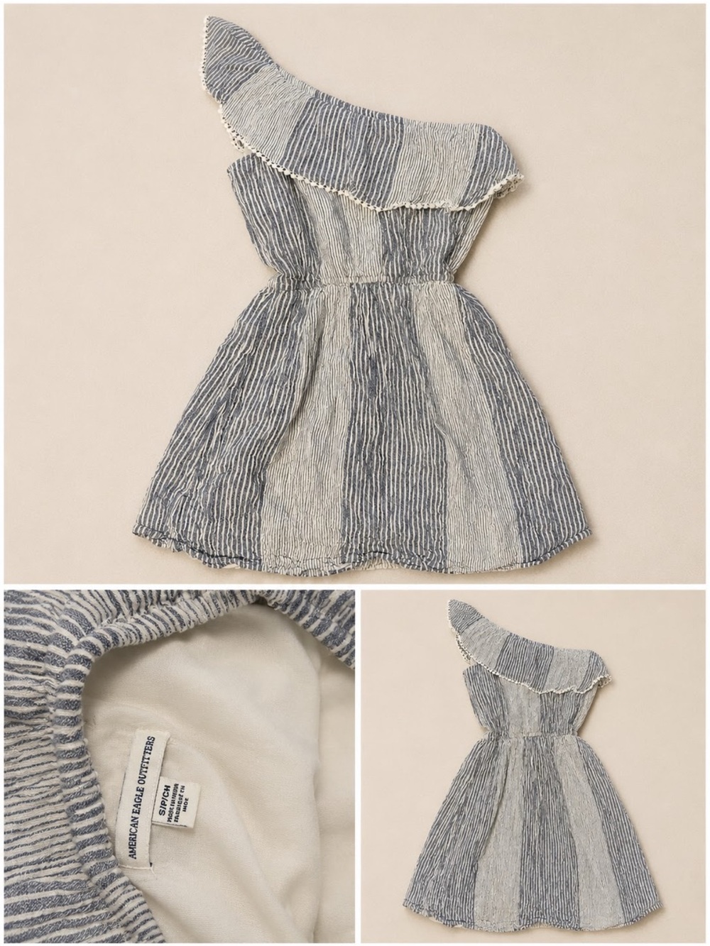 Vintage American Eagle Outfitters One-Shoulder Blue and White Striped Dress